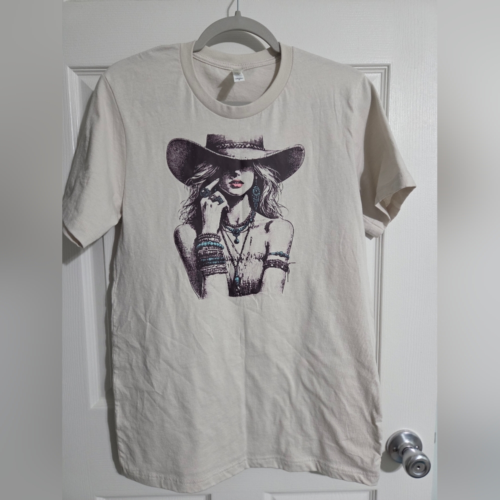 Graphic Turquoise Cowgirl Beige T-Shirt